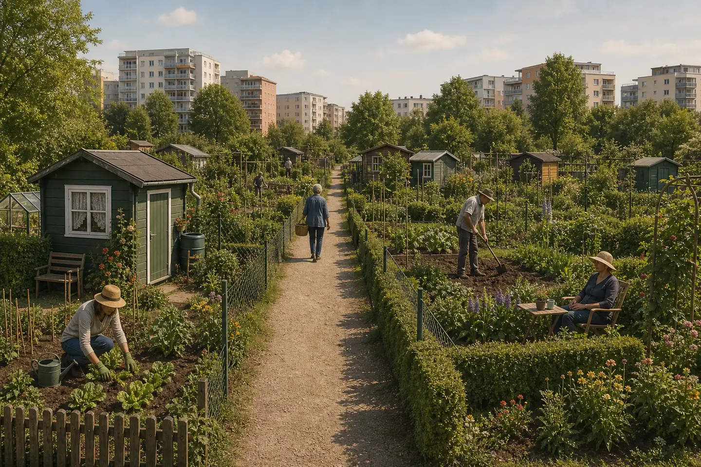 Warm elevated view of an urban German allotment garden site: a shared central path separates many individually fenced plots with vegetable beds, flowers and small simple huts; adults garden or rest while apartment buildings rise beyond the trees